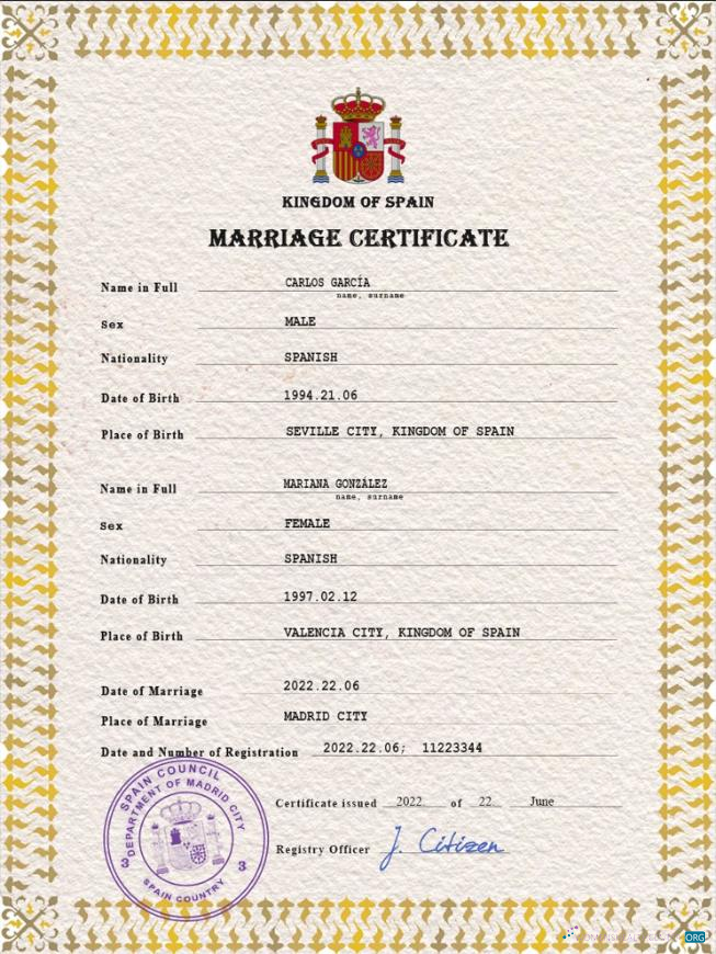 Download Spain marriage certificate PSD template Photoshop template